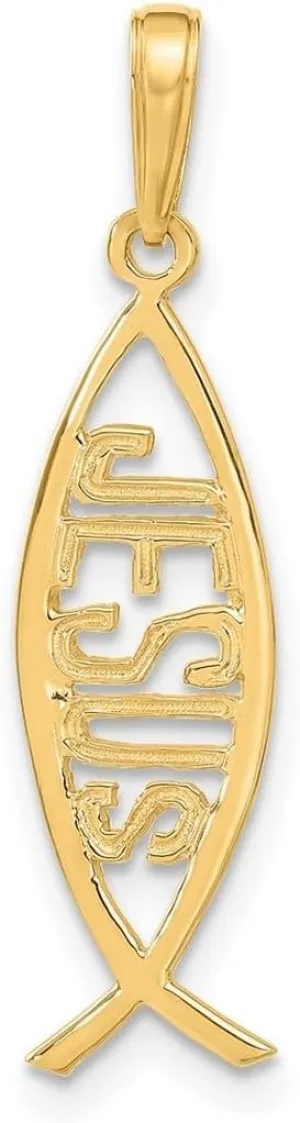 JewelryWeb 14k Yellow Gold Solid Polished Ichthus Animal Sealife Fish With Religious Faith Inspiration Jesus Pendant Necklace 30x9mm Wide-Pendant for Women