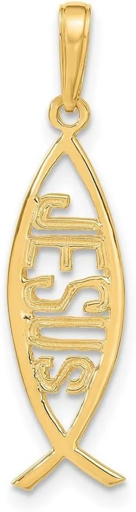 JewelryWeb 14k Yellow Gold Solid Polished Ichthus Animal Sealife Fish With Religious Faith Inspiration Jesus Pendant Necklace 30x9mm Wide-Pendant for Women