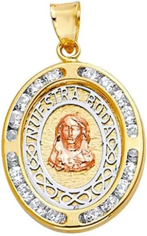 JewelryWeb 14k Yellow Gold White Gold and Rose Gold CZ Simulated Diamond Oval Nuestra Boda Pt With Religious Faith Inspiration Jesus Pendant Necklace-Pendant for Women