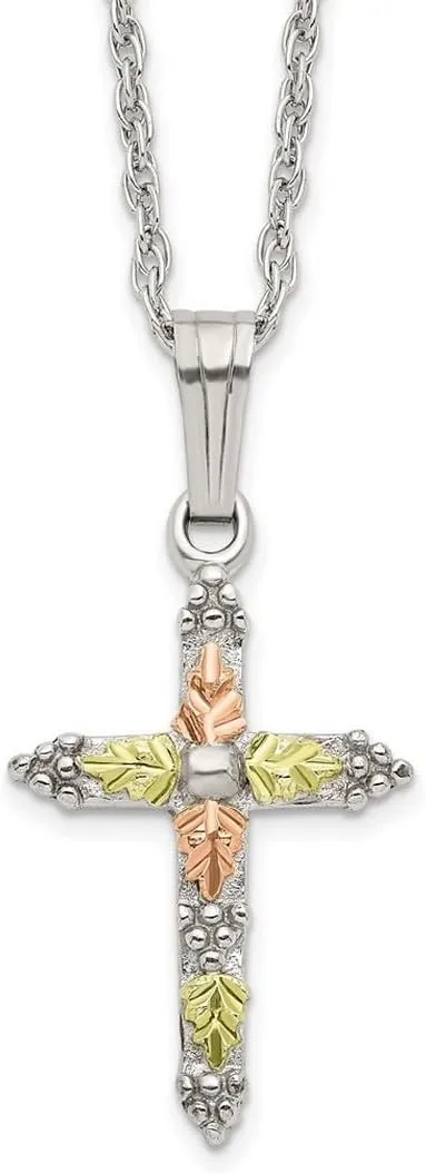 JewelryWeb 925 Sterling Silver Spring-Ring Polished and satin and 12k Religious Faith Cross Necklace 18 Inch Pendant-Necklace for Women