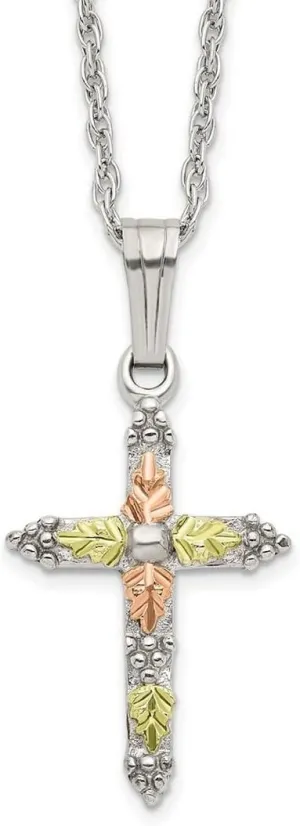 JewelryWeb 925 Sterling Silver Spring-Ring Polished and satin and 12k Religious Faith Cross Necklace 18 Inch Pendant-Necklace for Women