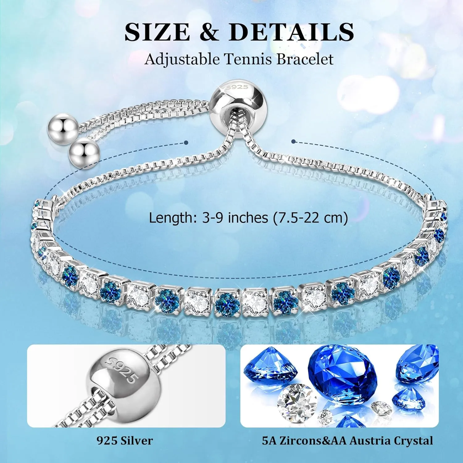 J.Fe Silver Bracelet, S925 Tennis Bracelet with Sparkling 5A Cubic Zirconia Silver Bracelets for Women Adjustable Bracelet for Women Bracelets Womens Bracelet Women Gifts for Women Mom