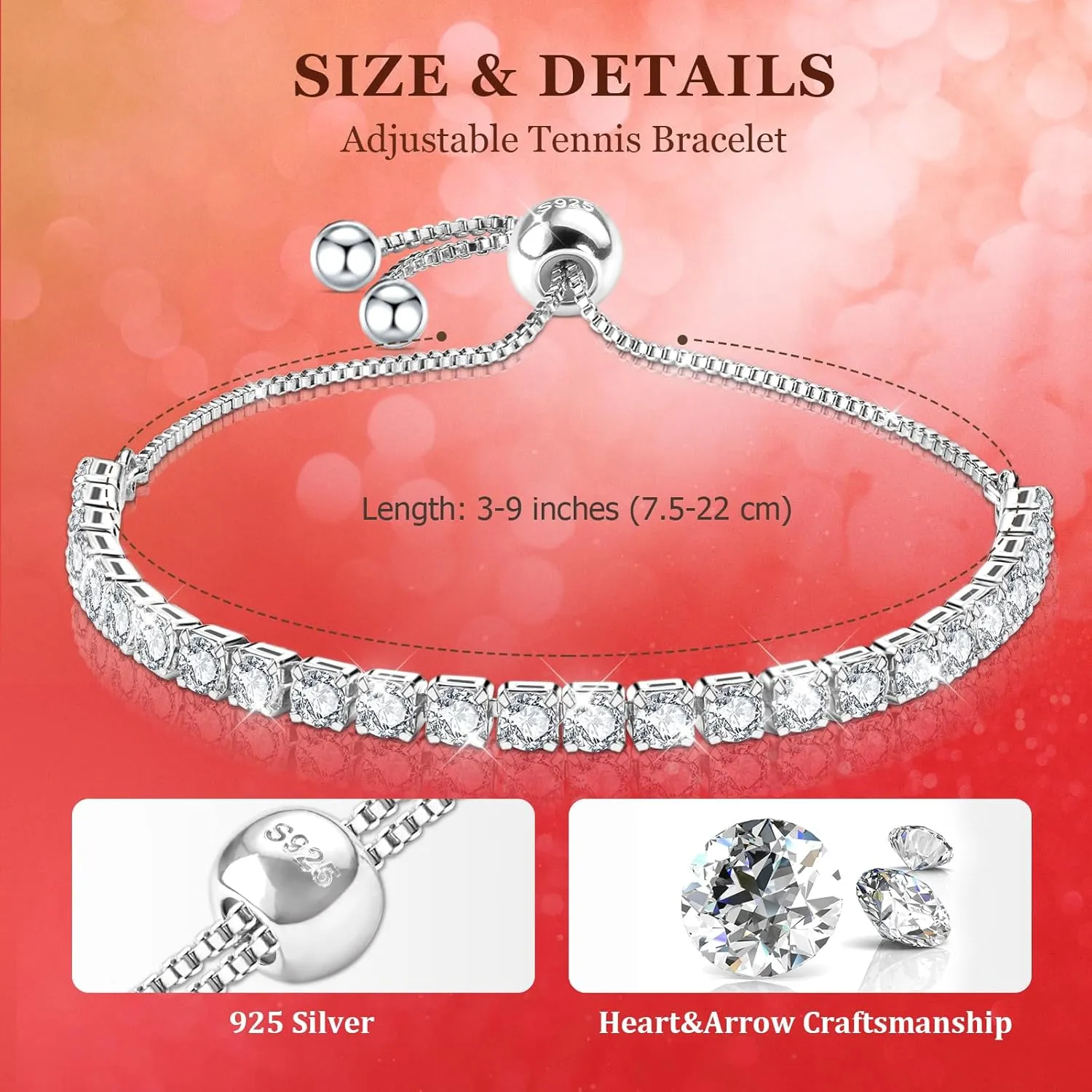 J.Fe Silver Bracelet, S925 Tennis Bracelet with Sparkling 5A Cubic Zirconia Silver Bracelets for Women Adjustable Bracelet for Women Bracelets Womens Bracelet Women Gifts for Women Mom