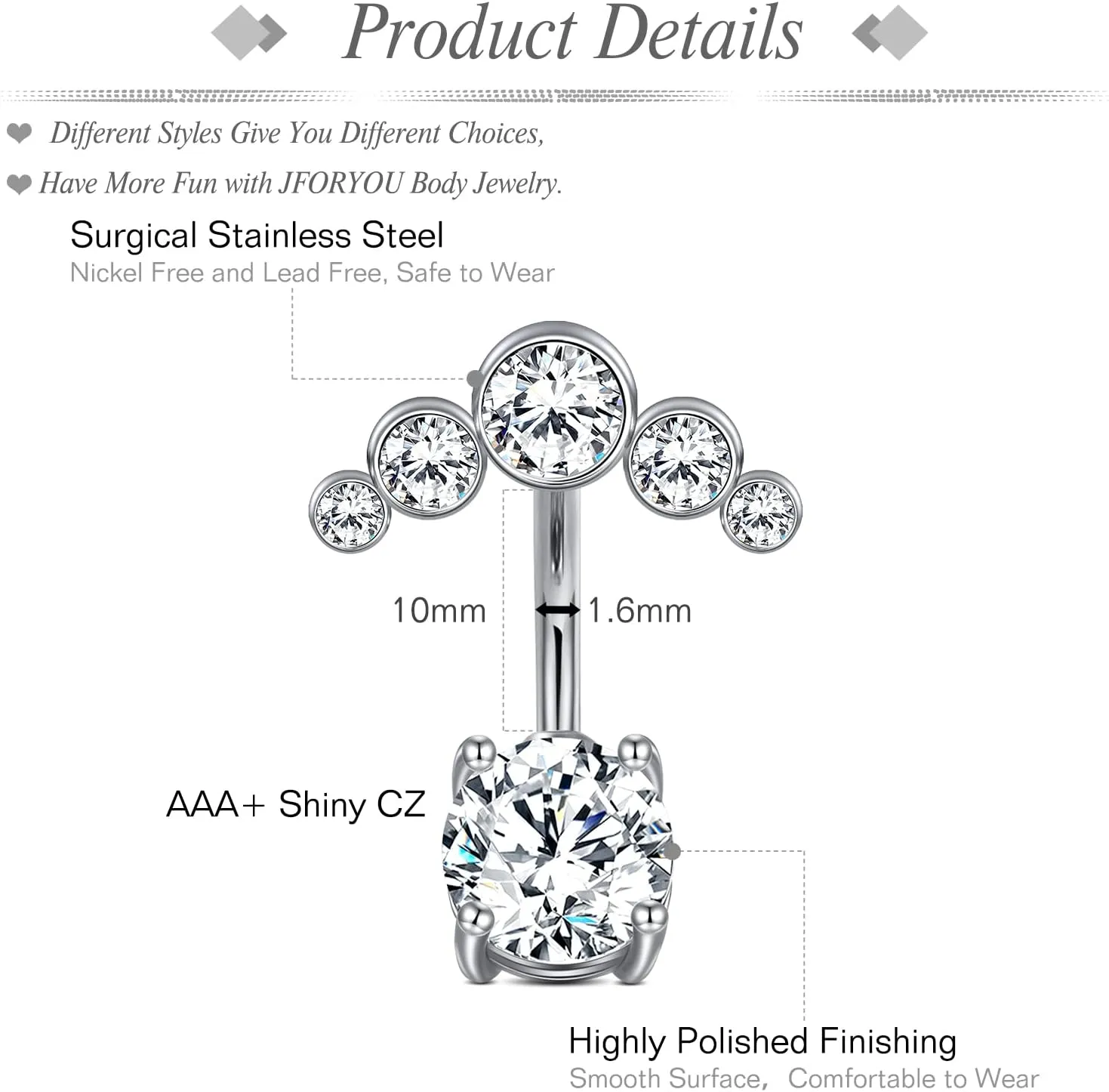 JFORYOU 1/4 Inch Short Belly Button Rings 14G 6mm Stainless Steel Short Belly Navel Button Rings for Women Men