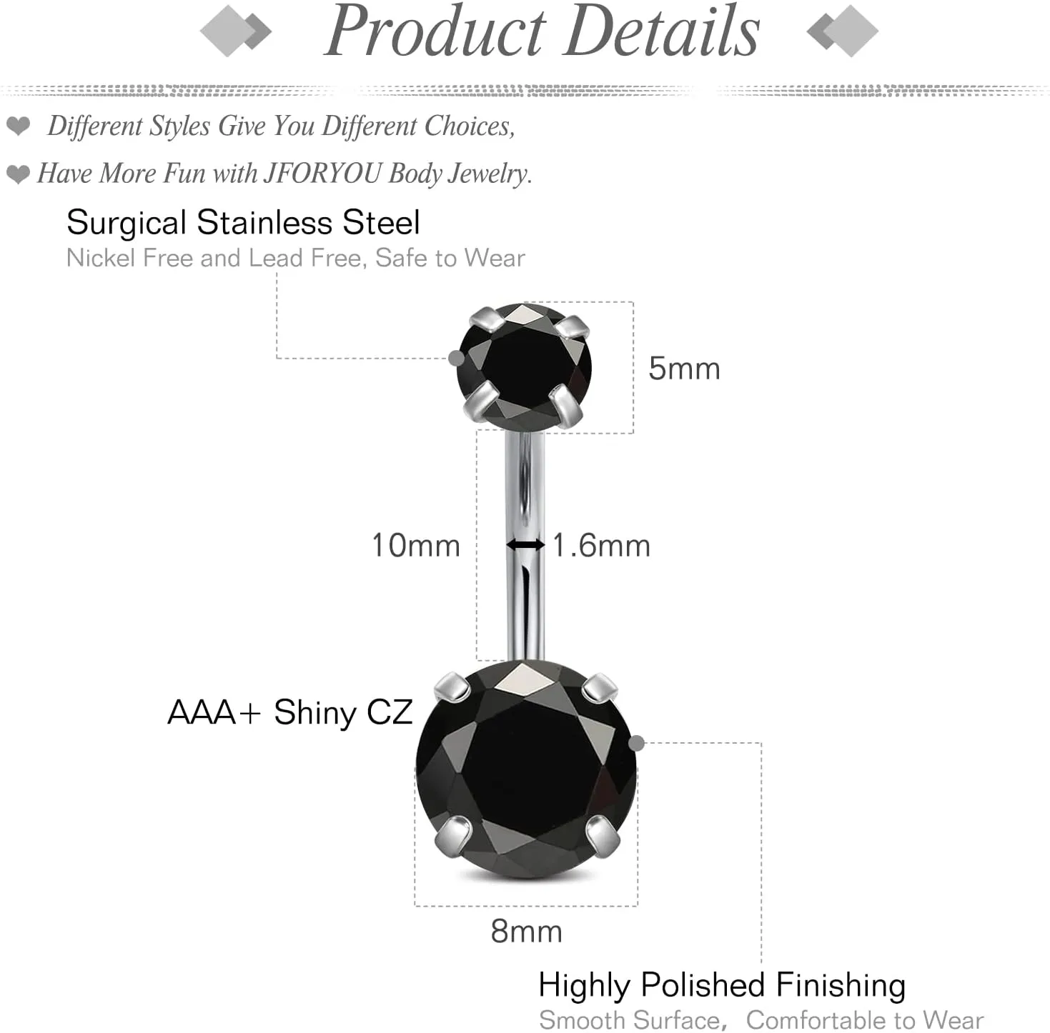 JFORYOU Belly Button Rings Stainless Steel 14G CZ Opal Navel Rings Barbells Women Girls Belly Piercing Jewelry