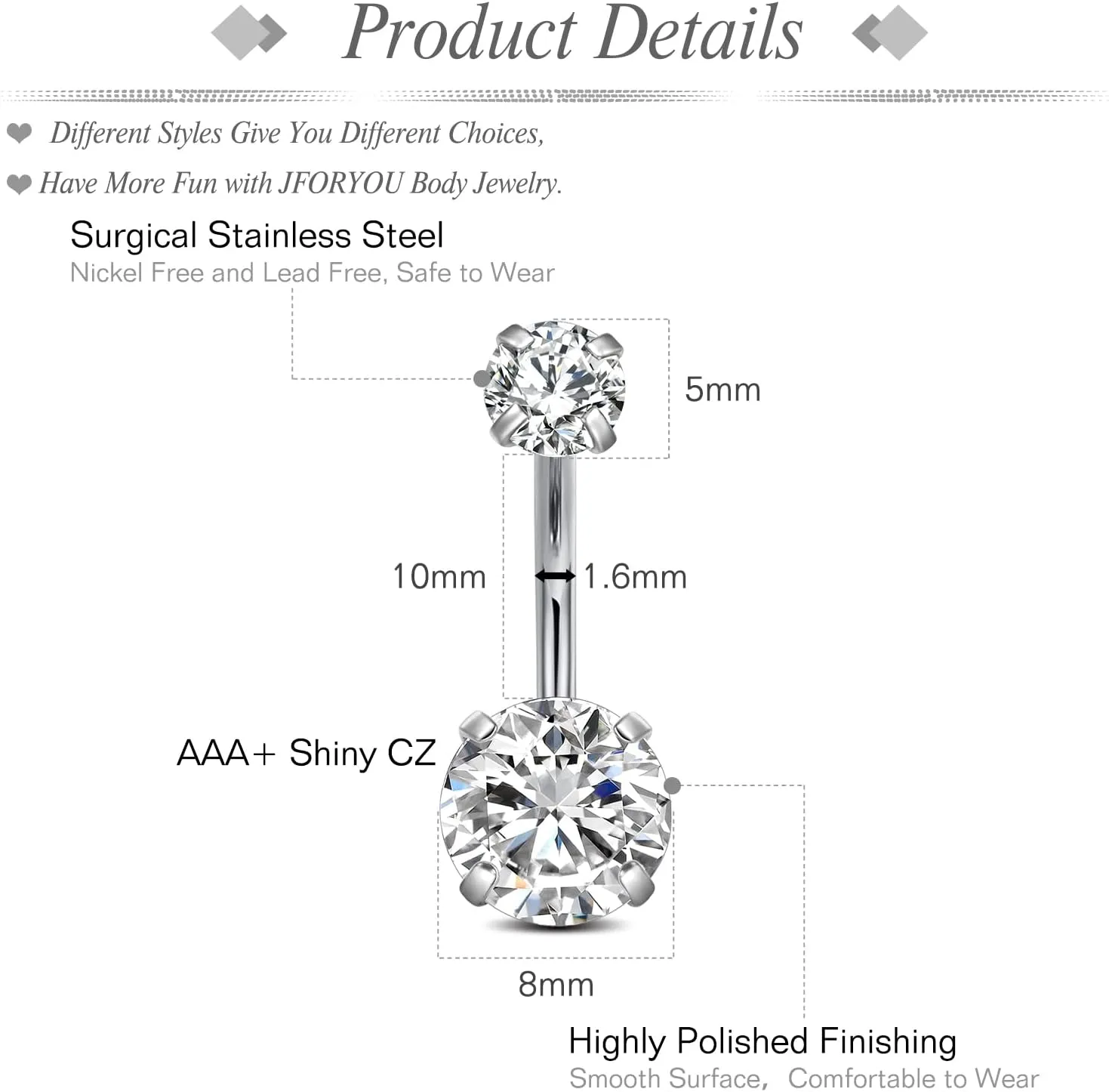 JFORYOU Belly Button Rings Stainless Steel 14G CZ Opal Navel Rings Barbells Women Girls Belly Piercing Jewelry
