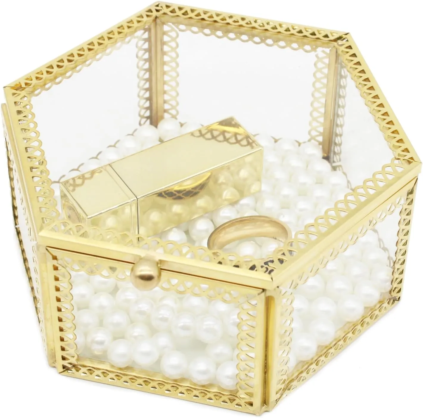 JIARI Hexagonal Glass Jewelry Box with Gold Frame, 4.7 x 4.3 x 2.3 inches, Ring Earring Organizer Display Case