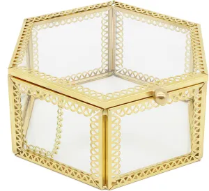 JIARI Hexagonal Glass Jewelry Box with Gold Frame, 4.7 x 4.3 x 2.3 inches, Ring Earring Organizer Display Case