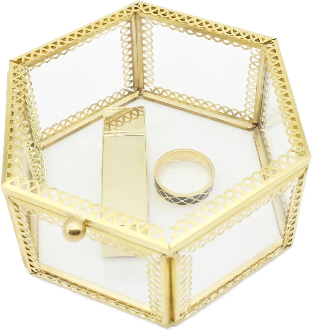 JIARI Hexagonal Glass Jewelry Box with Gold Frame, 4.7 x 4.3 x 2.3 inches, Ring Earring Organizer Display Case