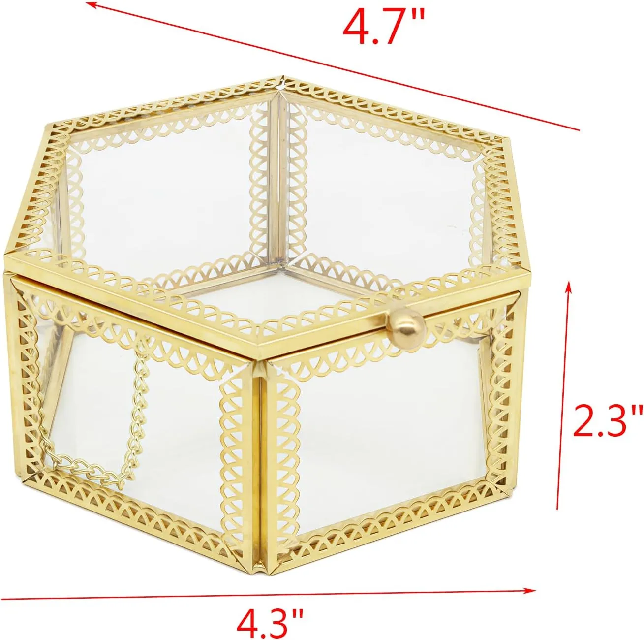 JIARI Hexagonal Glass Jewelry Box with Gold Frame, 4.7 x 4.3 x 2.3 inches, Ring Earring Organizer Display Case