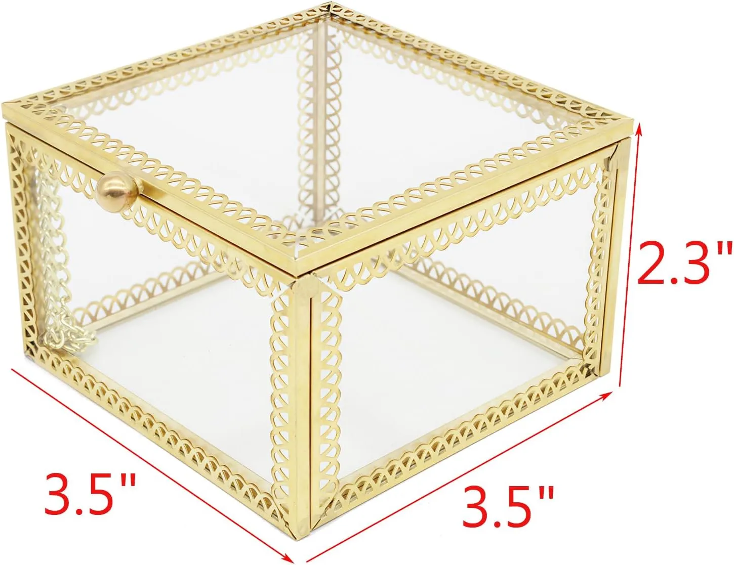 JIARI Square Glass Jewelry Box with Gold Frame, 3.5 x 3.5 x 2.3 inches, Ring Earring Organizer Display Case