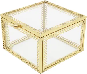 JIARI Square Glass Jewelry Box with Gold Frame, 3.5 x 3.5 x 2.3 inches, Ring Earring Organizer Display Case