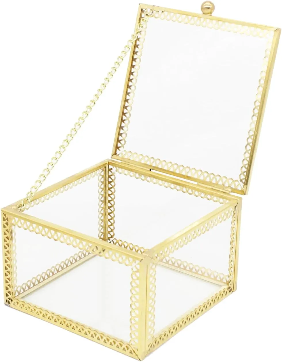 JIARI Square Glass Jewelry Box with Gold Frame, 3.5 x 3.5 x 2.3 inches, Ring Earring Organizer Display Case