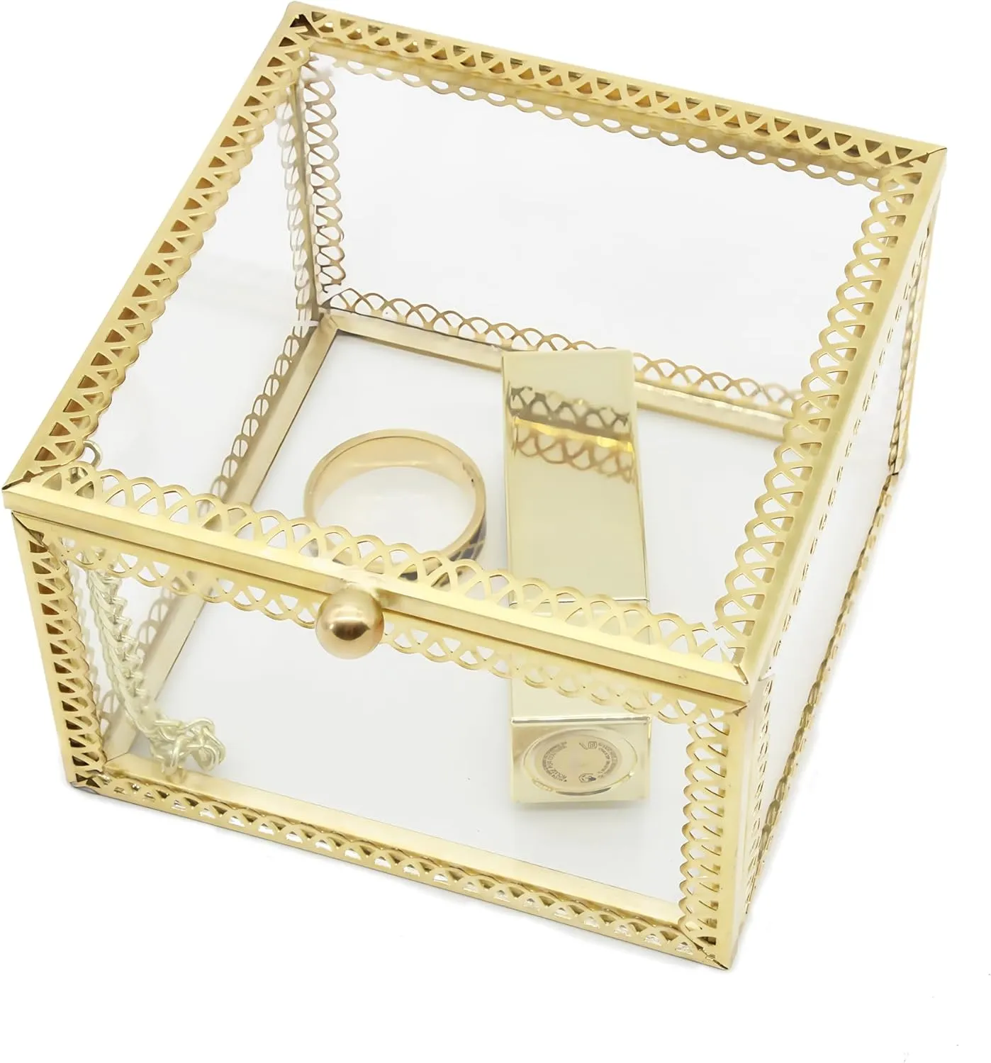 JIARI Square Glass Jewelry Box with Gold Frame, 3.5 x 3.5 x 2.3 inches, Ring Earring Organizer Display Case