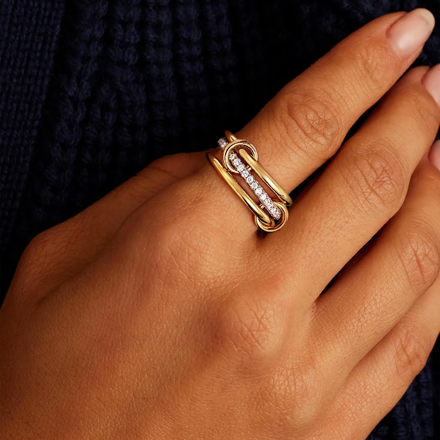 JINEAR Gold & Silver Interlocked Rings for Women Dainty 14k Gold Plated Cubic Zirconia Stackable Statement Rings Two-Toned Connected Bands Stacking Non Tarnish Jewelry