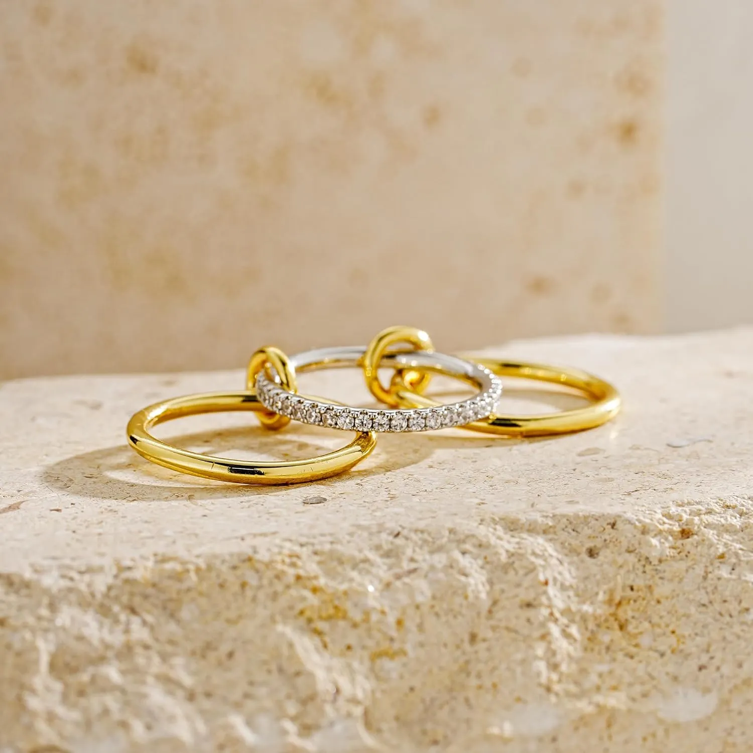 JINEAR Gold & Silver Interlocked Rings for Women Dainty 14k Gold Plated Cubic Zirconia Stackable Statement Rings Two-Toned Connected Bands Stacking Non Tarnish Jewelry