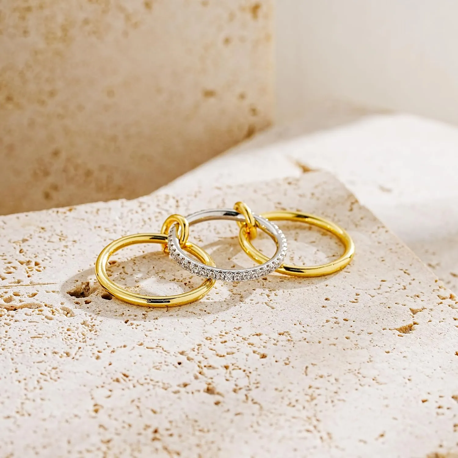 JINEAR Gold & Silver Interlocked Rings for Women Dainty 14k Gold Plated Cubic Zirconia Stackable Statement Rings Two-Toned Connected Bands Stacking Non Tarnish Jewelry