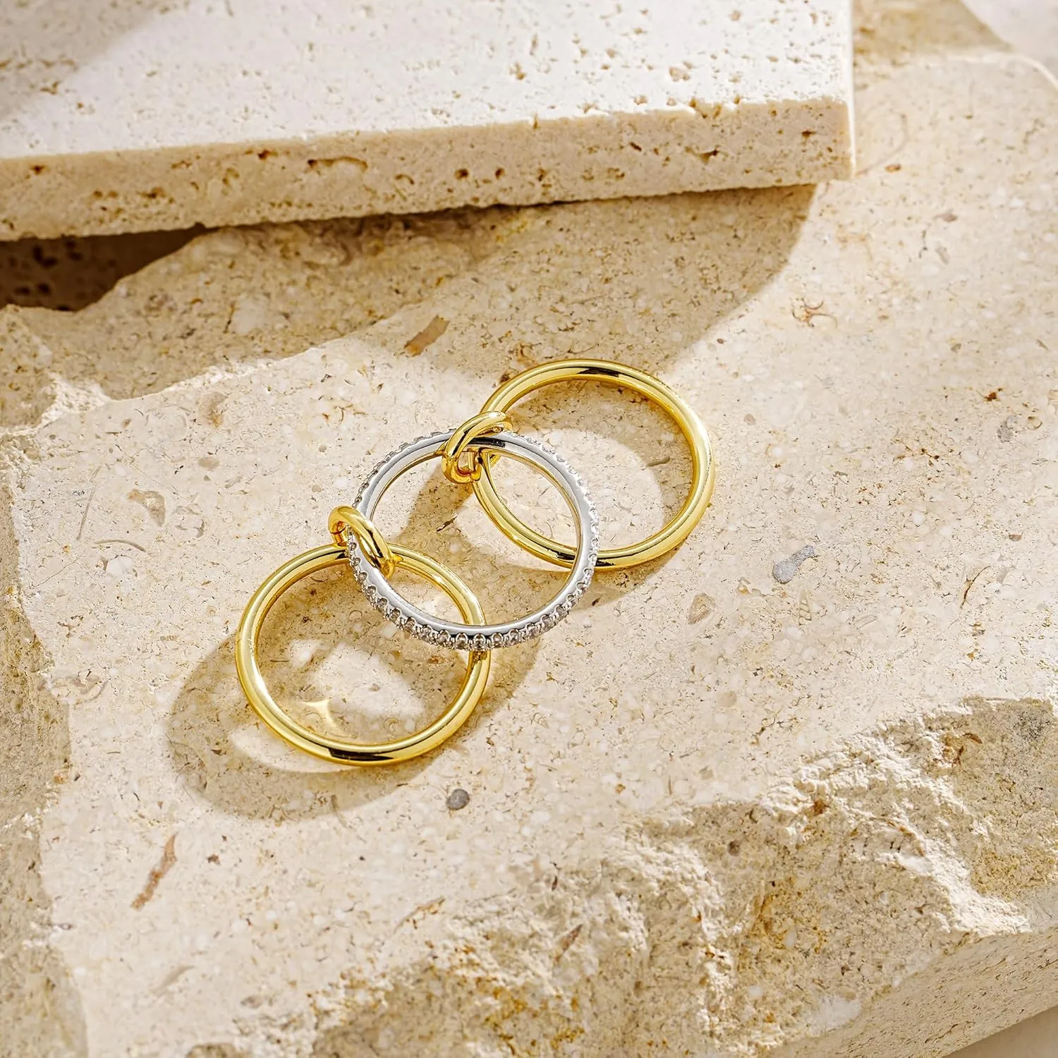 JINEAR Gold & Silver Interlocked Rings for Women Dainty 14k Gold Plated Cubic Zirconia Stackable Statement Rings Two-Toned Connected Bands Stacking Non Tarnish Jewelry