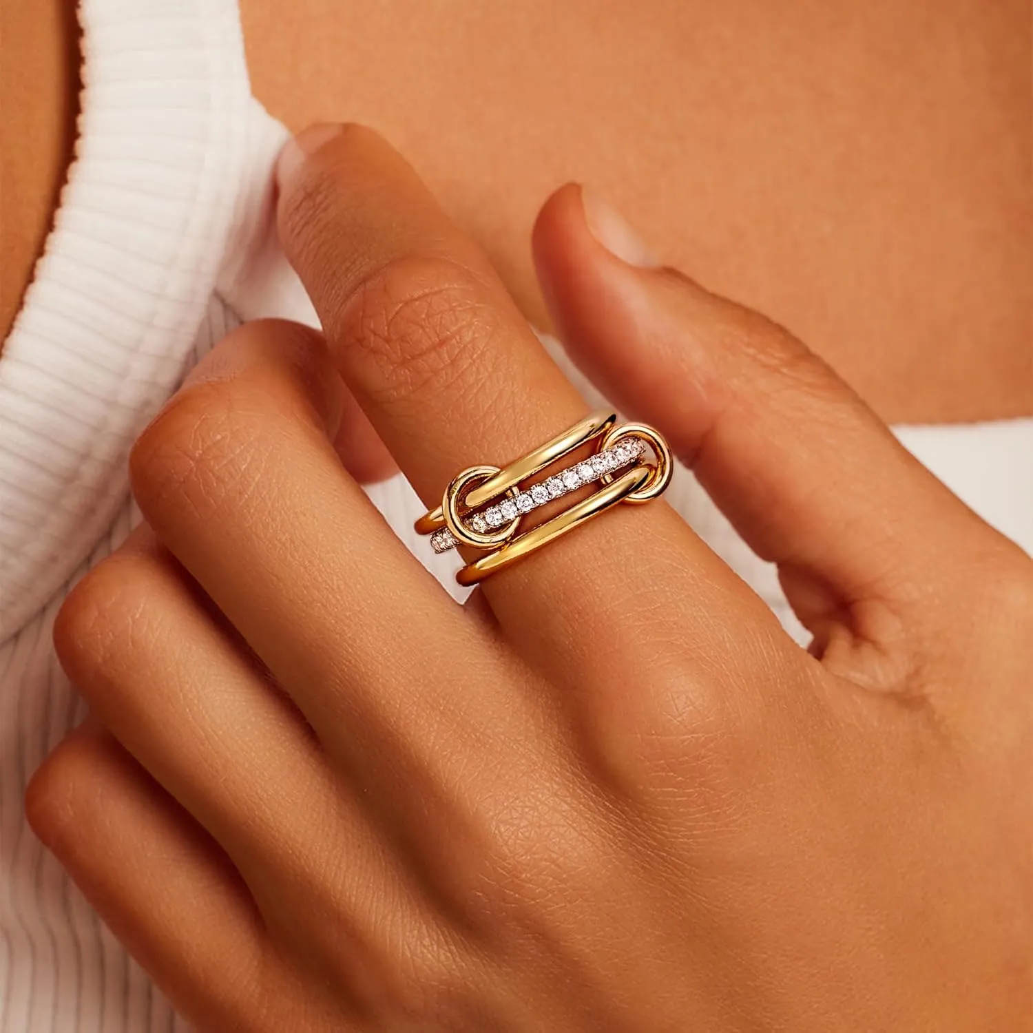 JINEAR Gold & Silver Interlocked Rings for Women Dainty 14k Gold Plated Cubic Zirconia Stackable Statement Rings Two-Toned Connected Bands Stacking Non Tarnish Jewelry