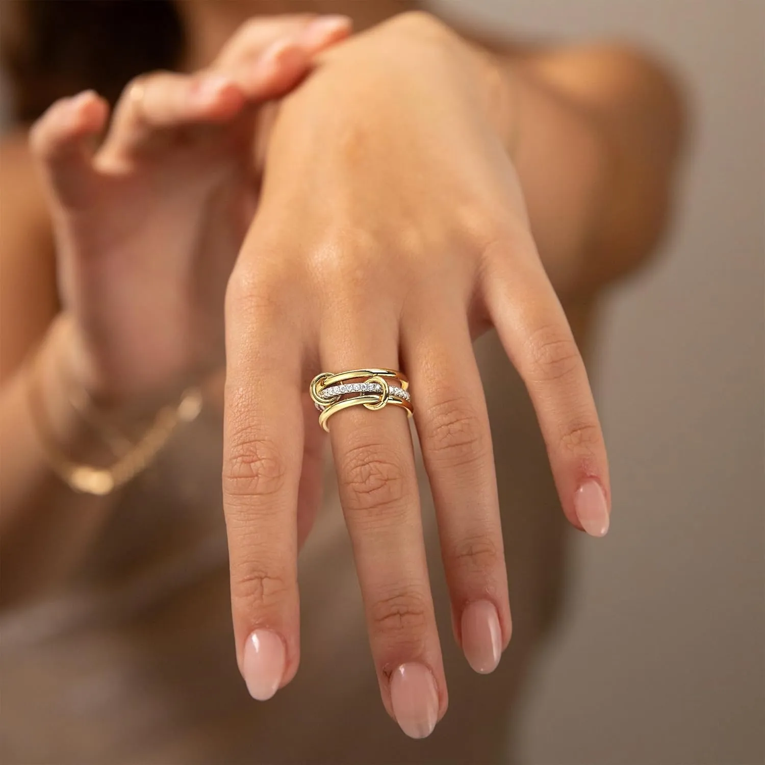 JINEAR Gold & Silver Interlocked Rings for Women Dainty 14k Gold Plated Cubic Zirconia Stackable Statement Rings Two-Toned Connected Bands Stacking Non Tarnish Jewelry
