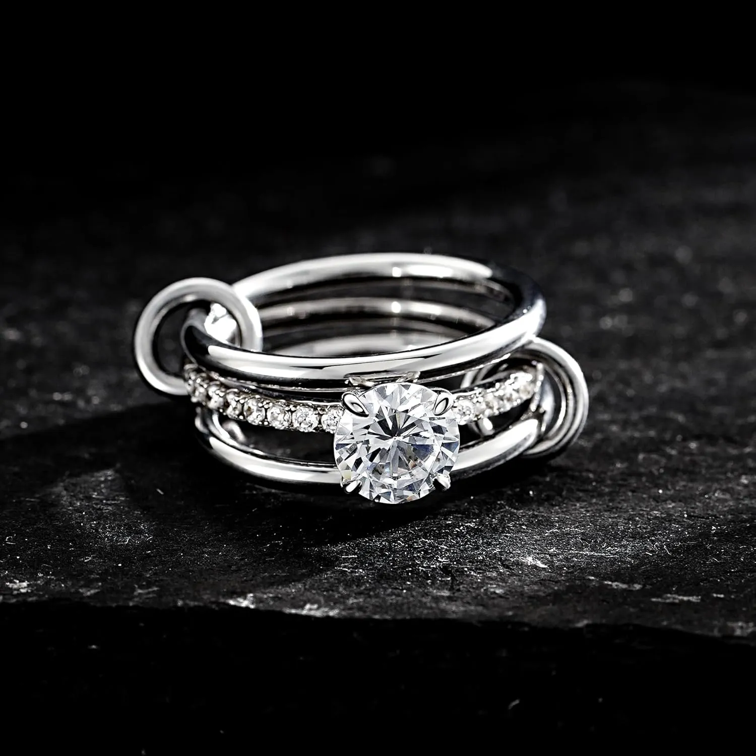 JINEAR Stackable Rings for Women Non Tarnish Sterling Silver Interlocking Ring Set Cubic Zirconia Statement Bands Interlocked Stacking Multi-Link Connected Rings Jewelry