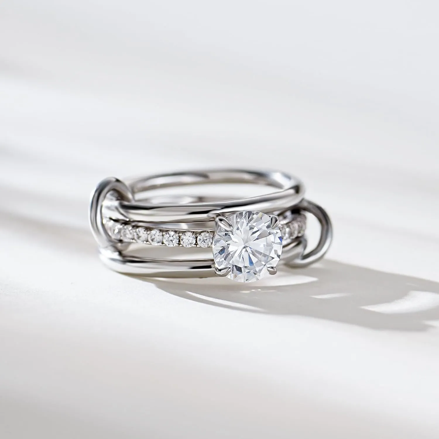JINEAR Stackable Rings for Women Non Tarnish Sterling Silver Interlocking Ring Set Cubic Zirconia Statement Bands Interlocked Stacking Multi-Link Connected Rings Jewelry