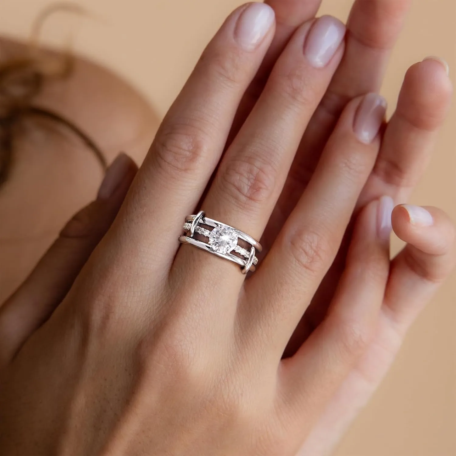 JINEAR Stackable Rings for Women Non Tarnish Sterling Silver Interlocking Ring Set Cubic Zirconia Statement Bands Interlocked Stacking Multi-Link Connected Rings Jewelry