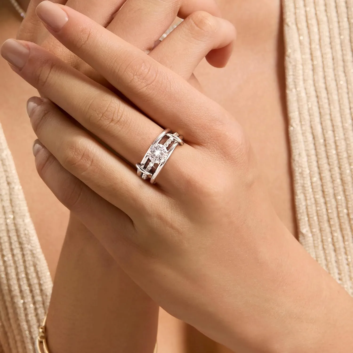 JINEAR Stackable Rings for Women Non Tarnish Sterling Silver Interlocking Ring Set Cubic Zirconia Statement Bands Interlocked Stacking Multi-Link Connected Rings Jewelry