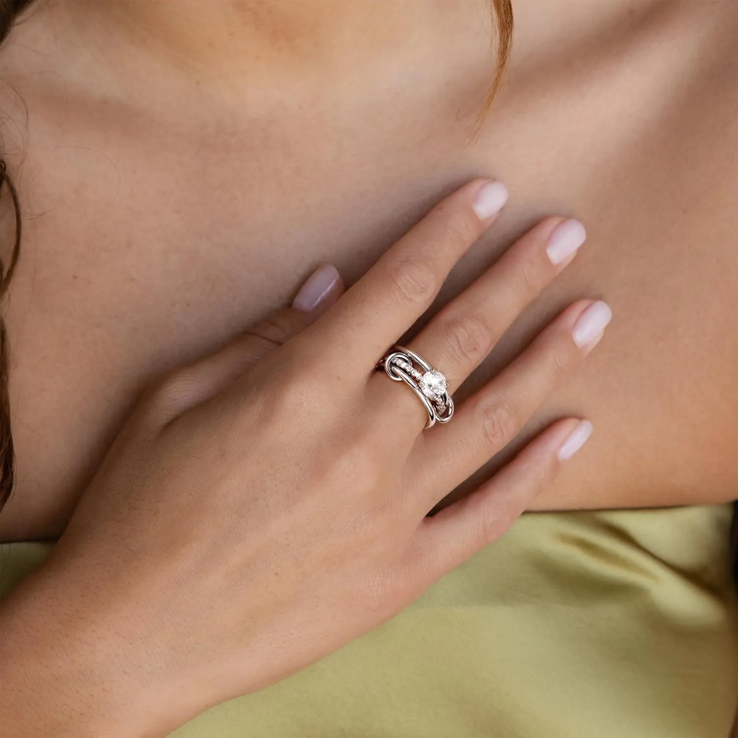 JINEAR Stackable Rings for Women Non Tarnish Sterling Silver Interlocking Ring Set Cubic Zirconia Statement Bands Interlocked Stacking Multi-Link Connected Rings Jewelry