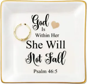 JoycuFF Religious Gifts for Women Inspirational Christian Jewelry Trinket Dish Birthday Gifts for Sister Daughter Mother Aunt Christians God Is Within Her She Will Not Fall