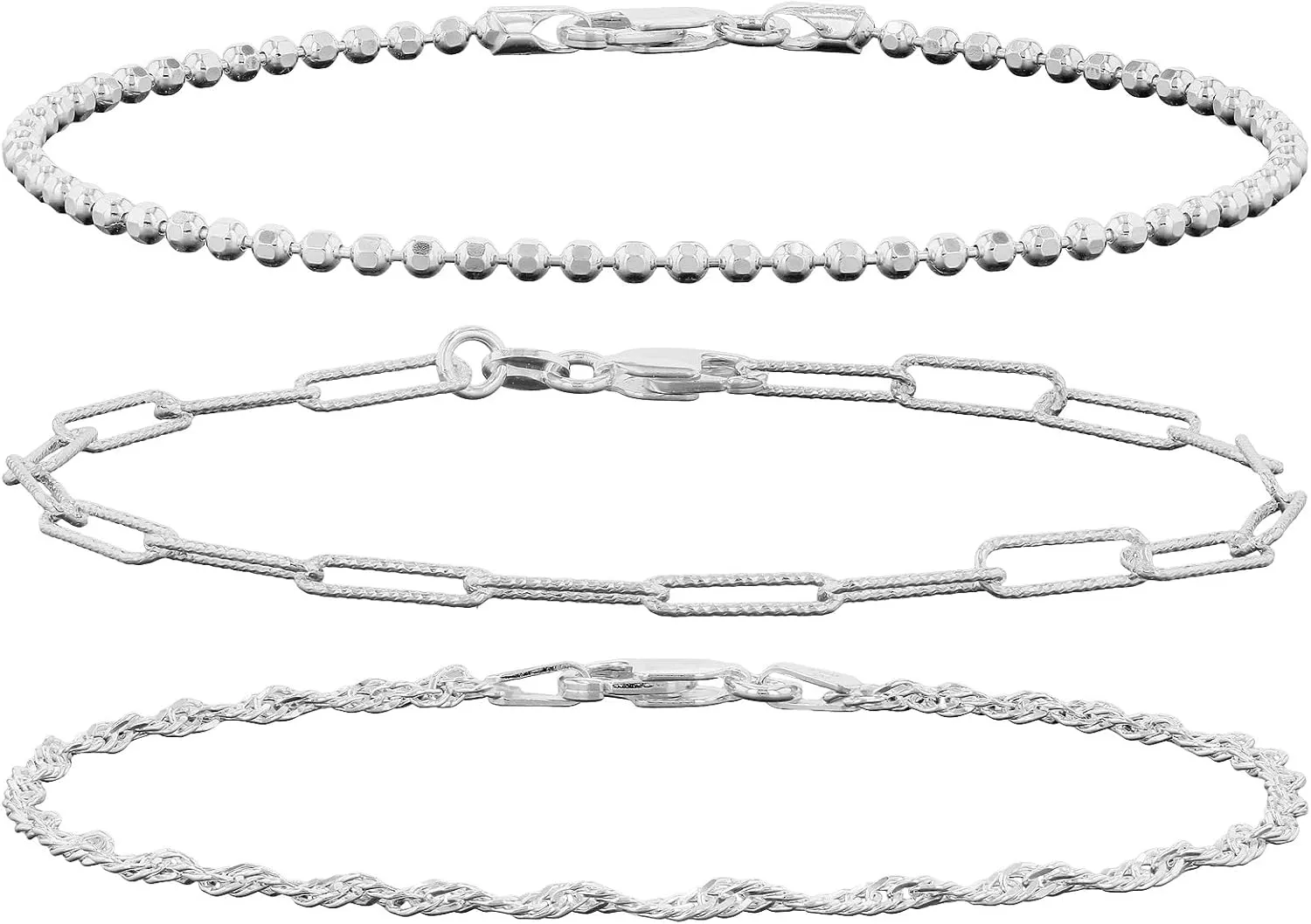 JTV Sterling Silver Bracelet Set of 3 for Women - Dainty Silver Bracelets for Women - Silver Bracelet Stack -Diamond-Cut Bead, Paperclip, & Singapore Link Bracelet Set of 3 - Stackable Braceletes