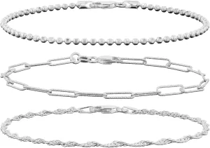 JTV Sterling Silver Bracelet Set of 3 for Women - Dainty Silver Bracelets for Women - Silver Bracelet Stack -Diamond-Cut Bead, Paperclip, & Singapore Link Bracelet Set of 3 - Stackable Braceletes