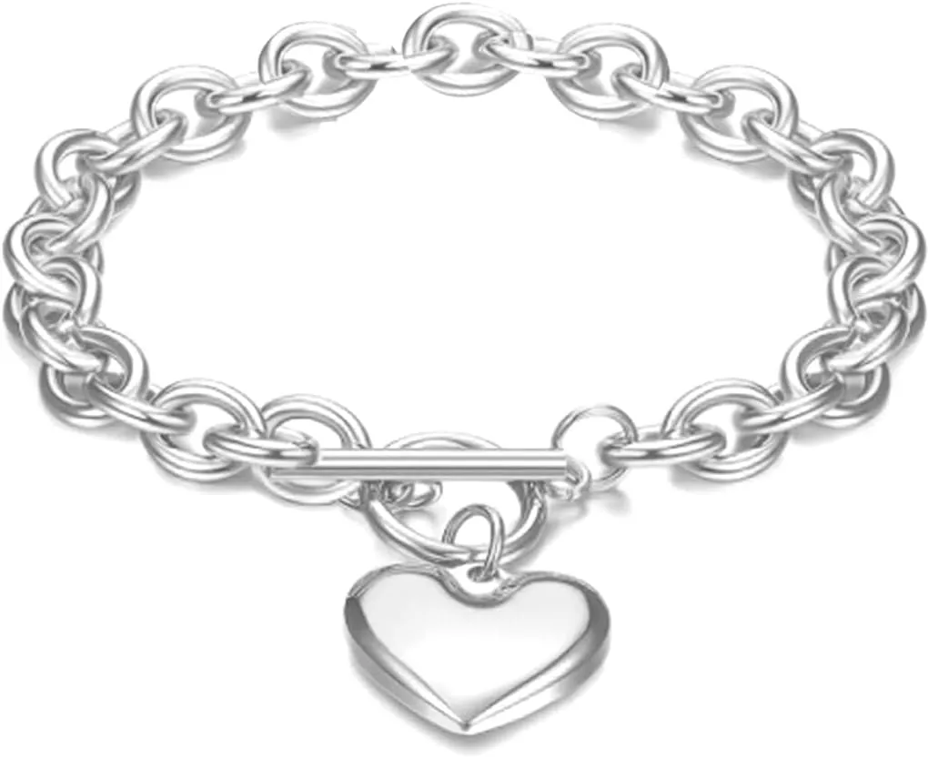 Jude Jewelers Stainless Steel Classic Simple Plain Chain Style Heart Charm Bracelet