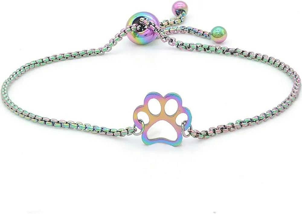 Jude Jewelers Stainless Steel Rainbow Multicolor Adjustable Size Dog Cat Paw Charm Chain Bracelet