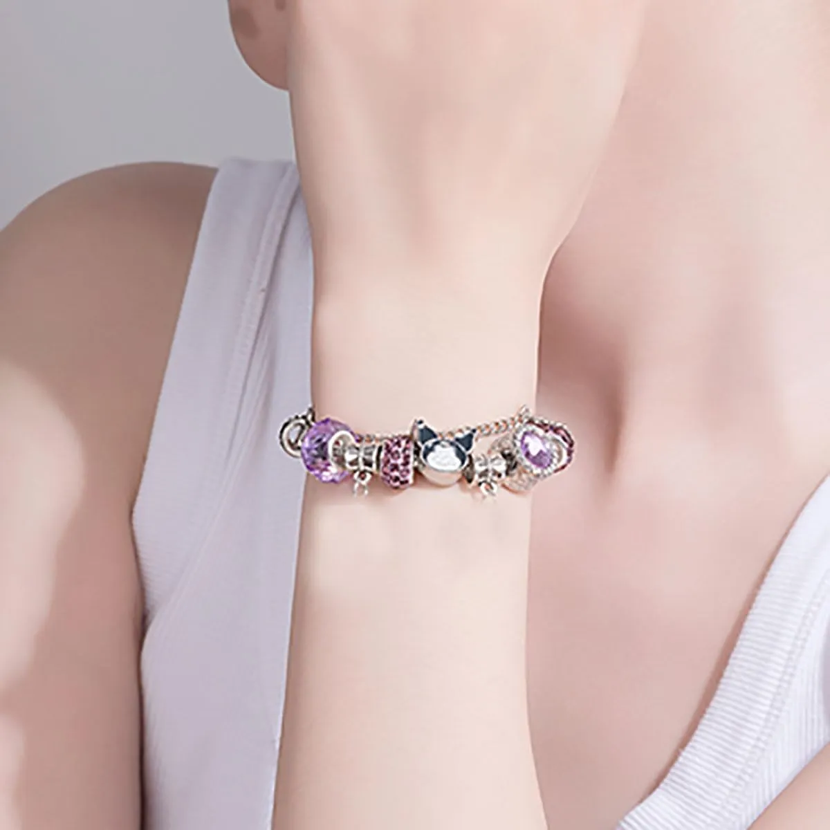 Kawaii Anime Bangle Bracelet for Women - Cute Pink Sparkly Bracelet with Butterfly & Heart Charms, Adjustable Fit, Perfect Cartoon Jewelry Gift for Birthdays