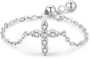 Kokoma Sterling Silver Cross Ring for Women Dangle Ball Drop Link Chain Stacking Rings Promise Engagement Statement Finger Band Minimalist Jewelry
