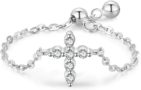 Kokoma Sterling Silver Cross Ring for Women Dangle Ball Drop Link Chain Stacking Rings Promise Engagement Statement Finger Band Minimalist Jewelry