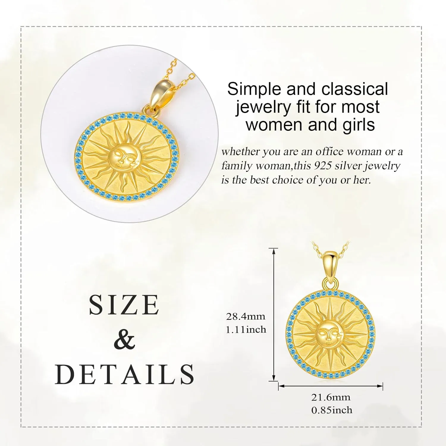 KQF Mothers Day Jewelry Birthday Gifts for Wife Mom Sun Coin Necklace for Women Gold Plated Coin Sun Pendant Birthstones Necklace Golden Celestial Jewelry Gift 925 Sterling Silver