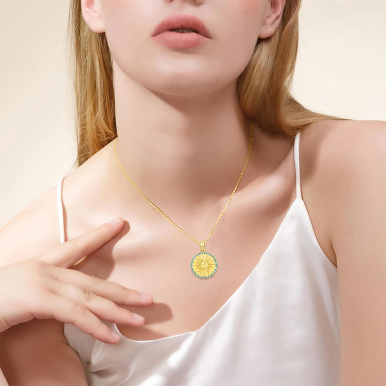 KQF Mothers Day Jewelry Birthday Gifts for Wife Mom Sun Coin Necklace for Women Gold Plated Coin Sun Pendant Birthstones Necklace Golden Celestial Jewelry Gift 925 Sterling Silver