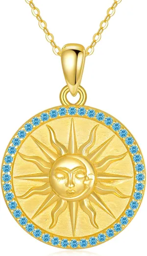 KQF Mothers Day Jewelry Birthday Gifts for Wife Mom Sun Coin Necklace for Women Gold Plated Coin Sun Pendant Birthstones Necklace Golden Celestial Jewelry Gift 925 Sterling Silver