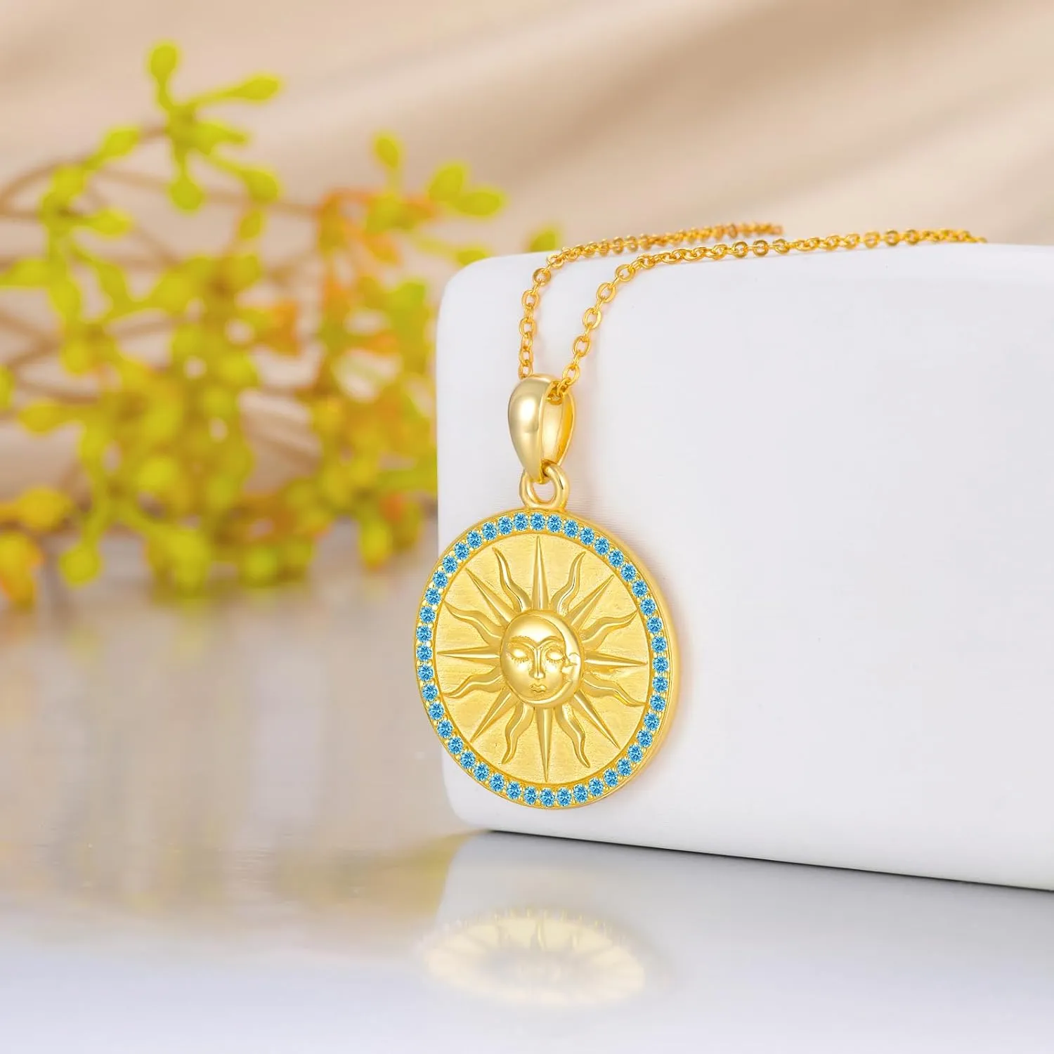 KQF Mothers Day Jewelry Birthday Gifts for Wife Mom Sun Coin Necklace for Women Gold Plated Coin Sun Pendant Birthstones Necklace Golden Celestial Jewelry Gift 925 Sterling Silver