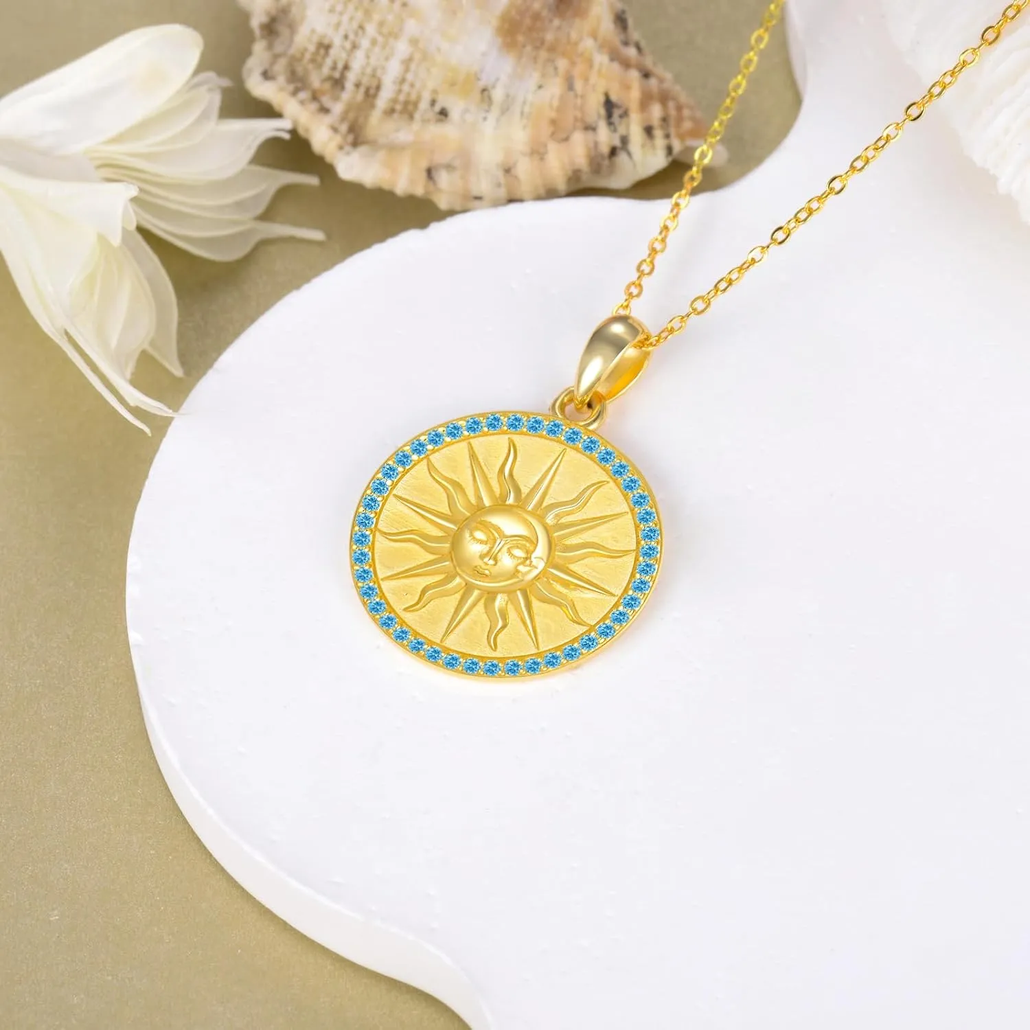KQF Mothers Day Jewelry Birthday Gifts for Wife Mom Sun Coin Necklace for Women Gold Plated Coin Sun Pendant Birthstones Necklace Golden Celestial Jewelry Gift 925 Sterling Silver
