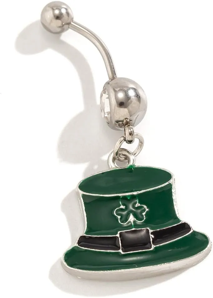 KZL Lucky Clover Belly Button Rings for Women 316L Stainless Steel Green Irish Shamrock Hat Belly Navel Piercing Barbell Studs St. Patrick's Day Body Piercing Jewelry- Style 3
