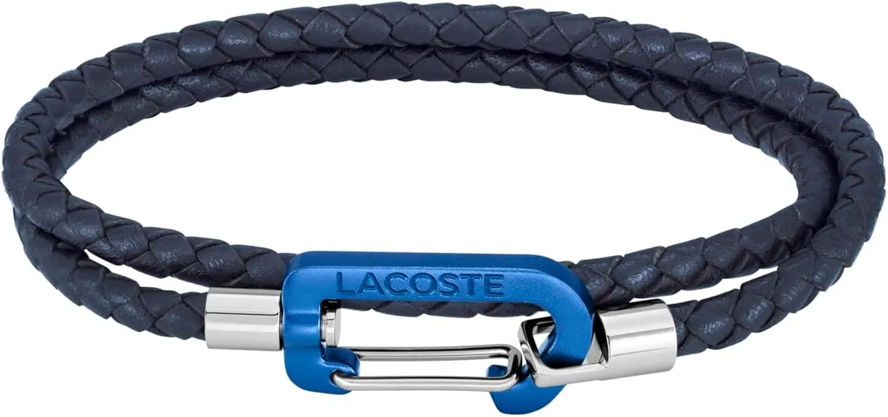 Lacoste Matt Men's Double Wrap Braided Leather Cord Jewelry Bracelet, Carabiner Closure, For a Sophisticated Look