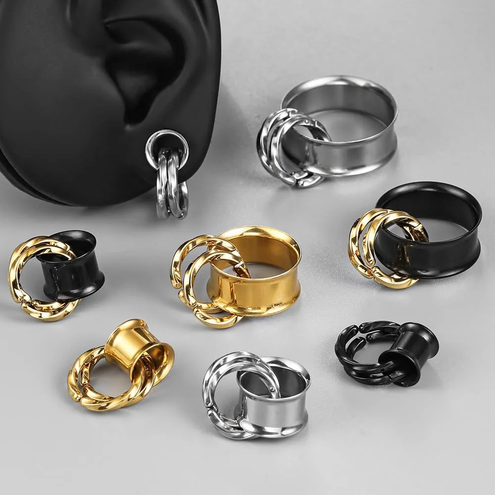 LADEMAYH Street-Chic Ear Plugs Tunnels Gauges, Stylish Two Stacked Rings Design, Hypoallergenic 316L Stainless Steel Gauge Earrings, Fashion Ear Piercing Jewelry for Women & Mens