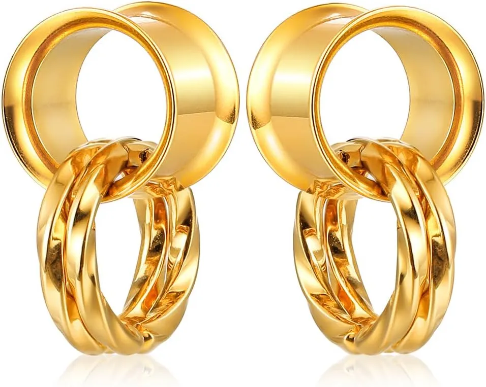 LADEMAYH Street-Chic Ear Plugs Tunnels Gauges, Stylish Two Stacked Rings Design, Hypoallergenic 316L Stainless Steel Gauge Earrings, Fashion Ear Piercing Jewelry for Women & Mens