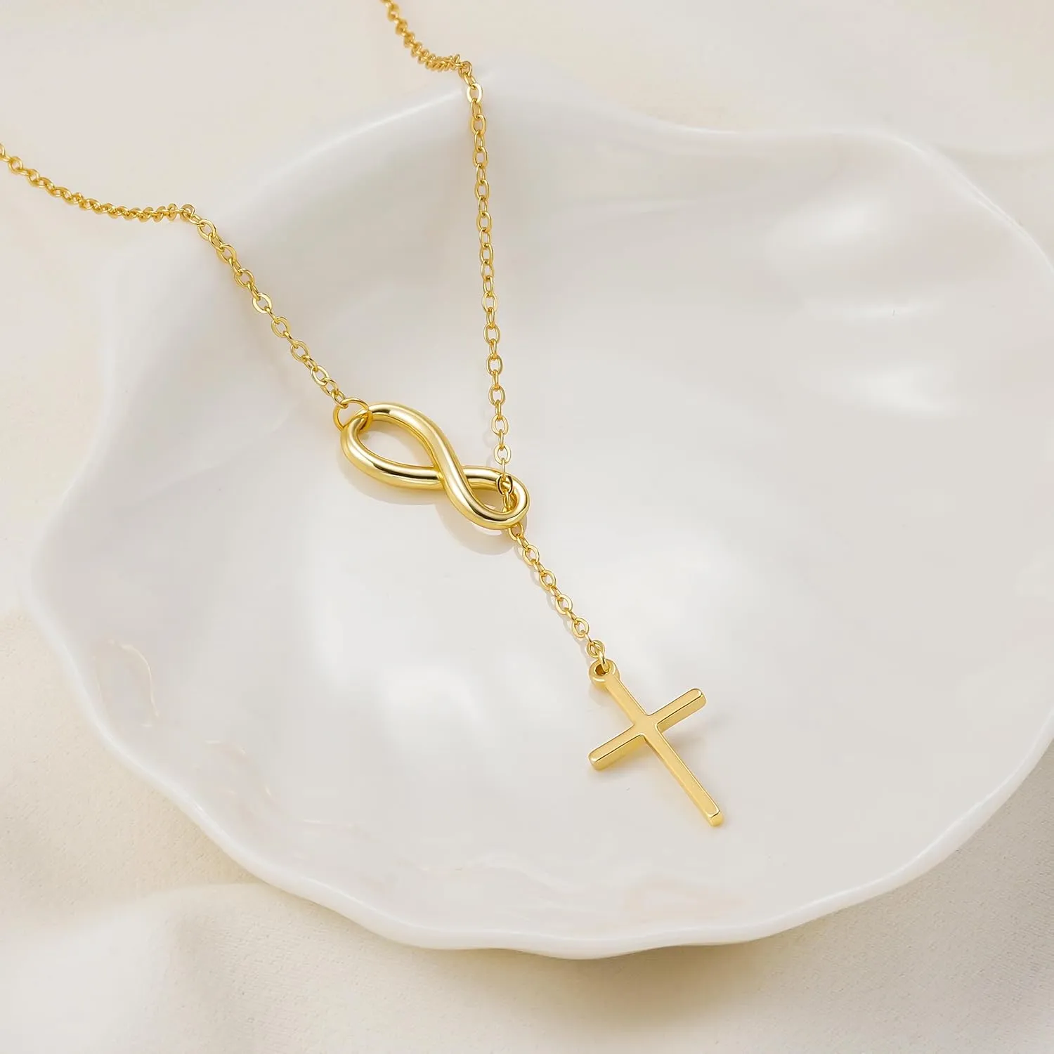 Lariat Gold Necklace for Women, Dainty Long Necklace 14K Gold Plated/Silver Y-Shaped Pendant Necklace Trendy, Beaded Chain Bar Infinity Cross Star Drop Necklaces Simple Jewelry For Women