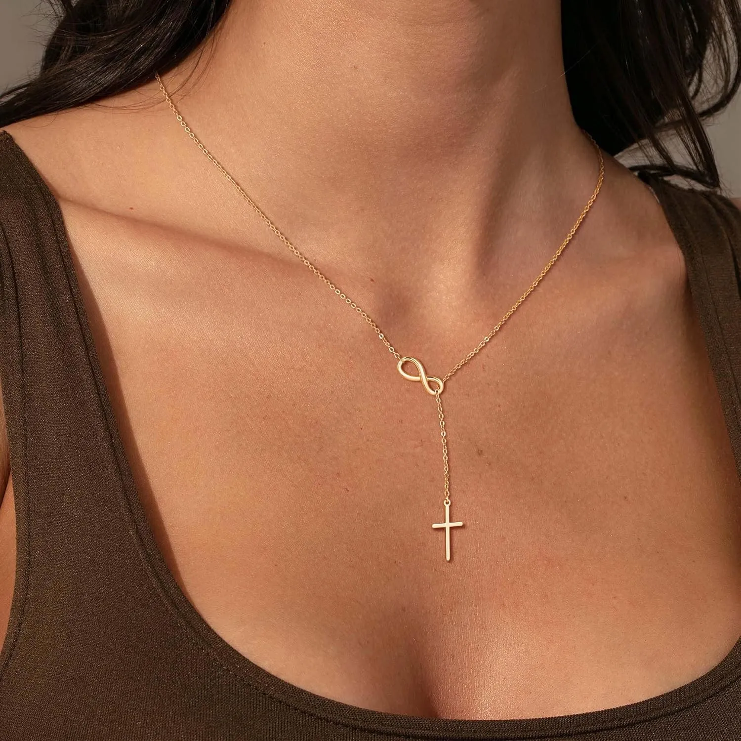 Lariat Gold Necklace for Women, Dainty Long Necklace 14K Gold Plated/Silver Y-Shaped Pendant Necklace Trendy, Beaded Chain Bar Infinity Cross Star Drop Necklaces Simple Jewelry For Women