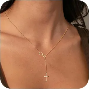 Lariat Gold Necklace for Women, Dainty Long Necklace 14K Gold Plated/Silver Y-Shaped Pendant Necklace Trendy, Beaded Chain Bar Infinity Cross Star Drop Necklaces Simple Jewelry For Women