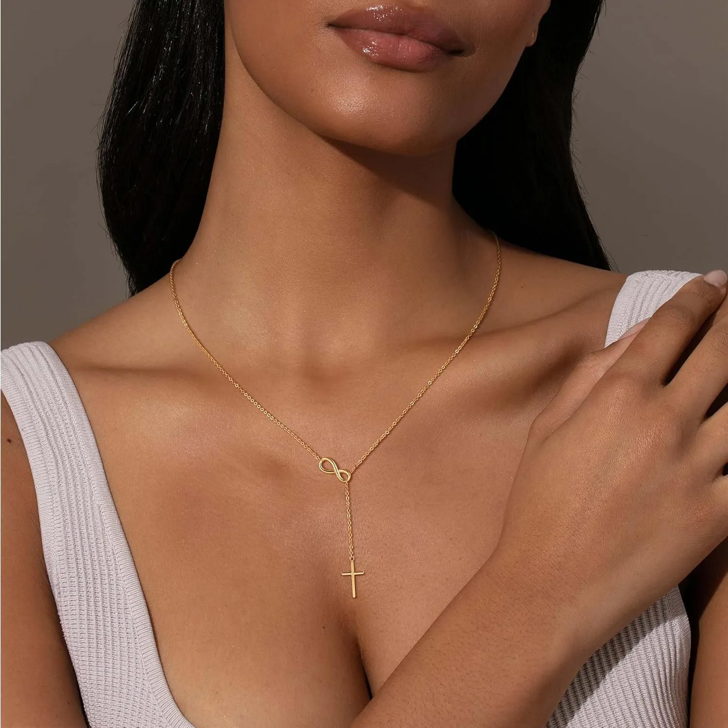 Lariat Gold Necklace for Women, Dainty Long Necklace 14K Gold Plated/Silver Y-Shaped Pendant Necklace Trendy, Beaded Chain Bar Infinity Cross Star Drop Necklaces Simple Jewelry For Women